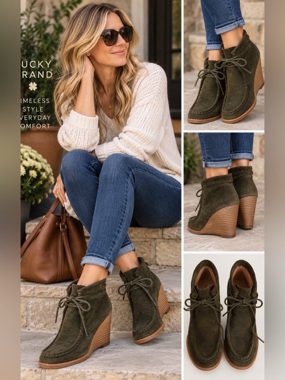 Lucky Brand Olive Green Suede Wedge Ankle Boots Women’s 8M